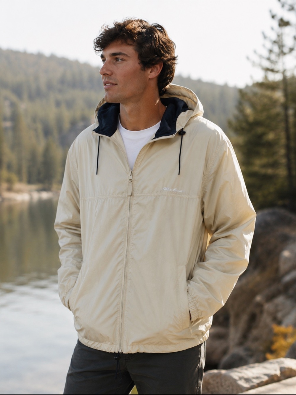 L.L.Bean Beige Hooded Lightweight Nylon Windbreaker Jacket LT Large Tall Full Zi